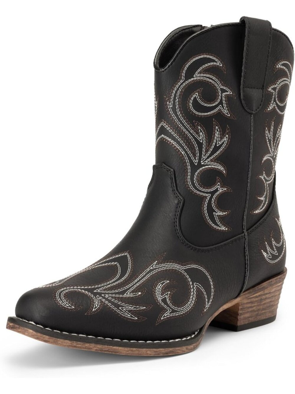 〽️Women's Mid-Calf Cowgirl Boots Black Faux Leather Embroidered Square Toe